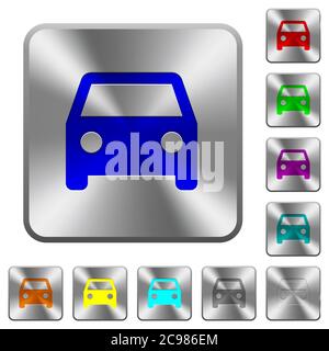 Car engraved icons on rounded square glossy steel buttons Stock Vector