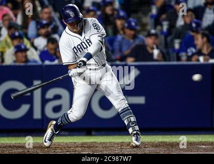 Christian Villanueva, durante el partido de beisbol de los Dodgers de Los Angeles contra Padres de San Diego, durante el primer juego de la serie las Ligas Mayores del Beisbol en Monterrey, Mexico el 4 de Mayo 2018.(Photo: Luis Gutierrez) Stock Photo