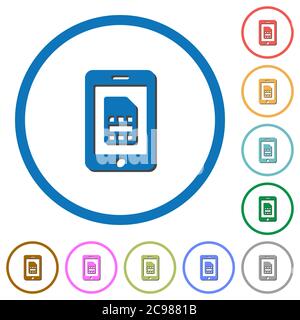Mobile simcard flat color vector icons with shadows in round outlines on white background Stock Vector