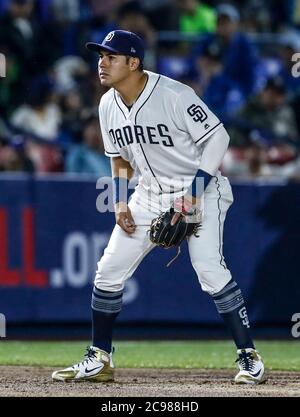 Christian Villanueva, durante el partido de beisbol de los Dodgers de Los Angeles contra Padres de San Diego, durante el primer juego de la serie las Ligas Mayores del Beisbol en Monterrey, Mexico el 4 de Mayo 2018.(Photo: Luis Gutierrez) Stock Photo