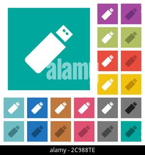 Pendrive multi colored flat icons on plain square backgrounds. Included white and darker icon variations for hover or active effects. Stock Vector