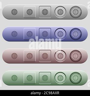 Globe icons on rounded horizontal menu bars in different colors and ...
