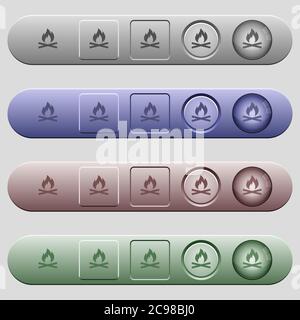 Camp fire icons on rounded horizontal menu bars in different colors and button styles Stock Vector
