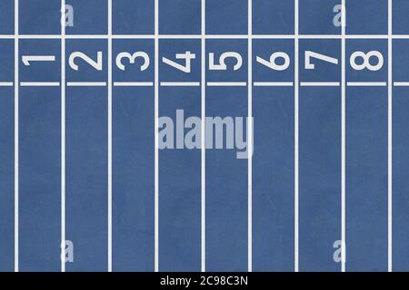 Top view of the blue rubber running track texture with markings on the Olympic stadium Stock Photo