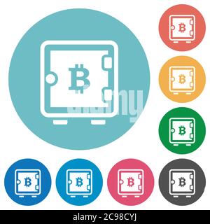 Bitcoin strong box flat white icons on round color backgrounds Stock Vector
