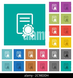 Certificate multi colored flat icons on plain square backgrounds. Included white and darker icon variations for hover or active effects. Stock Vector