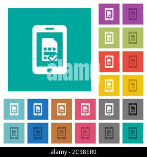 Mobile simcard accepted multi colored flat icons on plain square backgrounds. Included white and darker icon variations for hover or active effects. Stock Vector