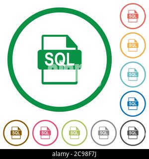 SQL file format flat color icons in round outlines on white background Stock Vector