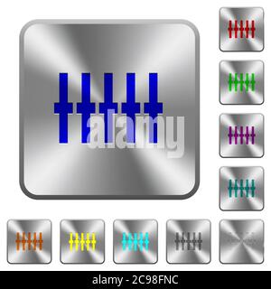 Graphical equalizer engraved icons on rounded square glossy steel buttons Stock Vector