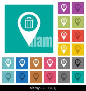 Delete GPS map location multi colored flat icons on plain square backgrounds. Included white and darker icon variations for hover or active effects. Stock Vector
