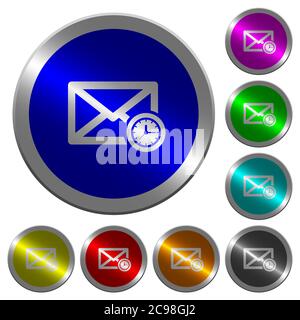 Queued mail icons on round luminous coin-like color steel buttons Stock Vector