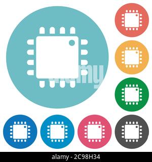 Computer processor flat white icons on round color backgrounds Stock Vector