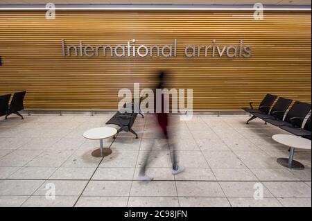 Glasgow, Scotland, UK. 29 July 2020 Pictured: Inside Glasgow Airport.  TUI have now cancelled all holidays to the Balearic Islands and Canary Islands until Tuesday 4 August, and all holidays to mainland Spain until Monday 10 August.   Jet2 have cancelled flights to the Balearics and Canaries until August 10 and trips to mainland Spain until August 17.  The government said all returning travellers from Spain, the Canary Islands and Balearic Islands must isolate for 14 days following a spike in coronavirus infections. Credit: Colin Fisher/Alamy Live News. Stock Photo