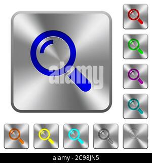 Single magnifier engraved icons on rounded square glossy steel buttons Stock Vector