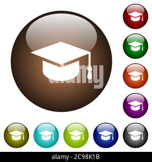 Graduation cap white icons on round color glass buttons Stock Vector