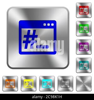 Linux root terminal engraved icons on rounded square glossy steel buttons Stock Vector