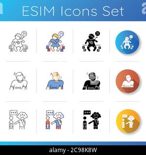 Mental condition icons set. Developmental delay. Autistic spectrum. Intellectual problem. Tourette syndrome. Asperger illness. Linear, black and RGB c Stock Vector