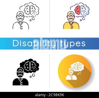 Dementia icon. Alzheimer from aging. Senior man with neurological disability. Loss of memory. Brain damage in elderly person. Linear black and RGB col Stock Vector
