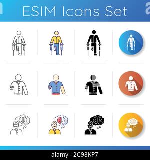 Patient with impairment icons set. Leg amputee. Arm injury. Hand trauma. Hospital aid for patient. Elderly man with dementia. Linear, black and RGB co Stock Vector