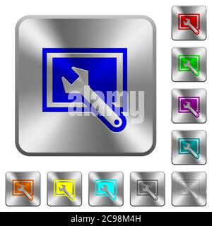 Screen settings engraved icons on rounded square glossy steel buttons Stock Vector