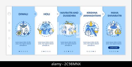 Top Hindu festivals onboarding vector template. Diwali. Holi. Public holidays in India. Responsive mobile website with icons. Webpage walkthrough step Stock Vector