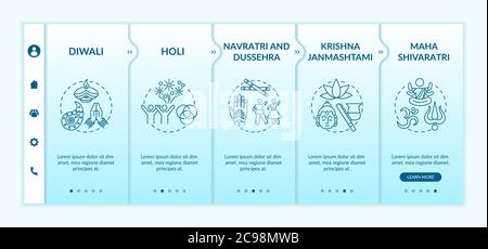 Top Hindu festivals onboarding vector template. Krishna Janmashtami. Navratri, and Dussehra. Responsive mobile website with icons. Webpage walkthrough Stock Vector