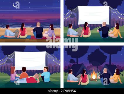 Weekend recreation semi flat vector illustration set. Lounge and rest for crowd. Watch film together. Look at sunset on beach. Friends outside 2D cart Stock Vector