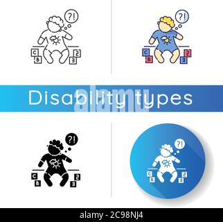 Developmental delay icon. Child with difficulty of learning. Cognitive ability problem. Baby with genetic chronic disability. Linear black and RGB col Stock Vector