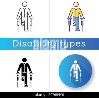 Leg amputee icon. Disabled man with crutches. Rehabilitation for handicapped person. Patient with bandaged impaired leg. Linear black and RGB color st Stock Vector