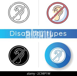 Deafness icon. Impaired hearing. Difficulty with communication. Deaf person. Loss of hearing. Medical condition. Avoid noise. Linear black and RGB col Stock Vector