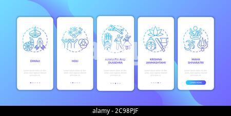Top Hindu festivals onboarding mobile app page screen with concepts. Maha Shivaratri. Dussehra. Walkthrough 5 steps graphic instructions. UI vector te Stock Vector