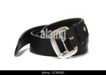 Black Leather Belt on white background. Stock Photo