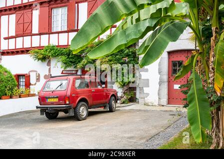 Red Lada 4x4 Niva in Ainhoa,France Stock Photo