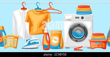 Laundry service seamless pattern with professional items. Stock Vector