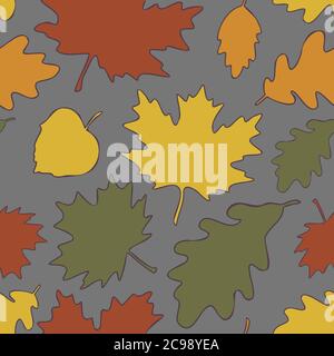 Vector seamless pattern of autumn leaves. Maple, Linden, oak and birch leaves background. Stock Vector