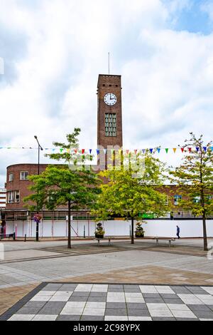 Boarded up Queensway with clock tower in town centre of Crewe Cheshire UK Stock Photo