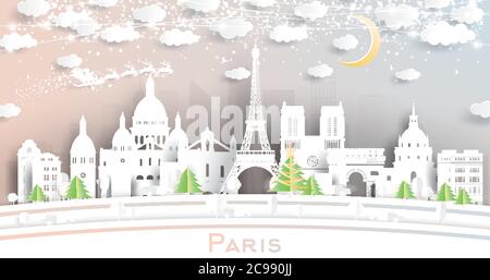 Paris France City Skyline in Paper Cut Style with Snowflakes, Moon and Neon Garland. Vector Illustration. Christmas and New Year Concept. Stock Vector