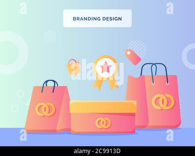 Branding design concept shopping bag boxes with brand logo background of certified icon label flat style. Stock Vector
