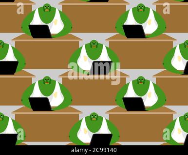 Troll office pattern seamless. Factory of hate. Computer trolls endless background. Stock Vector