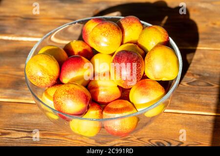 ripe juicy nectarines in a glass bowl in harsh sunlight Stock Photo
