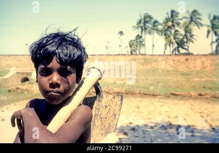 A young boy stands with a tool for working the soil on a paddy field and looks into the camera. Tamil Nadu, India, 1962 Stock Photo