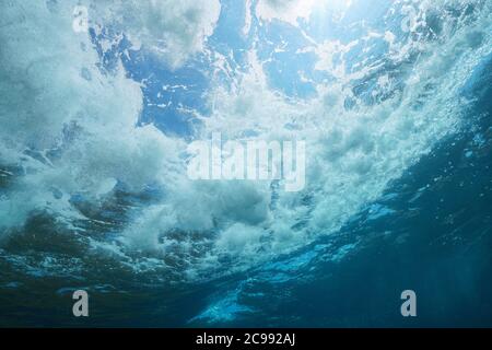 Underwater sea foam made by wave breaking seen from below water surface, natural scene,  Mediterranean sea Stock Photo