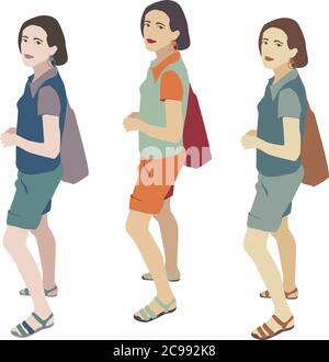 Vector illustration set of three young women staying in summer clothes and shopping bag Stock Vector