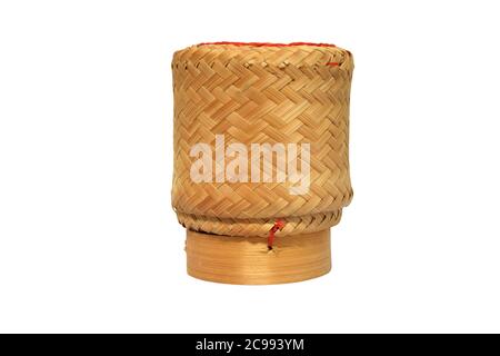 A Lao rice basket or bamboo basket or houat and Thailand name is Kratip for Glutinous rice or sticky rice on white background with Clipping path. Stock Photo