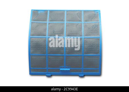 Blue flame Air Filter with Dust before cleaning Isolated on white background with clipping path. Stock Photo