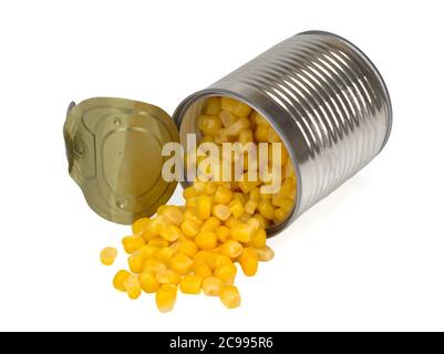 sweet corn sprinkled from a metal can isolated on white background, Top view Stock Photo