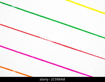 Five line drawn with five different colored wood pencil crayons on a white paper Stock Photo