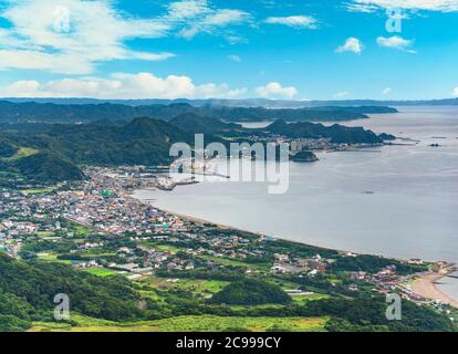 chiba, japan - july 18 2020: Panoramic vantage point overlooking the coasts and beaches of the Awa district of Kyonan city at foot of Mount Nokogiri Stock Photo