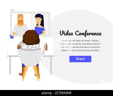 Web template with clean design. Bright blue accent color. Home working video conference. Stock Vector