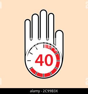 raised, open hand with a watch on it. Time for rest or break, pause. 40 minutes or seconds. Flat design. Stock Vector